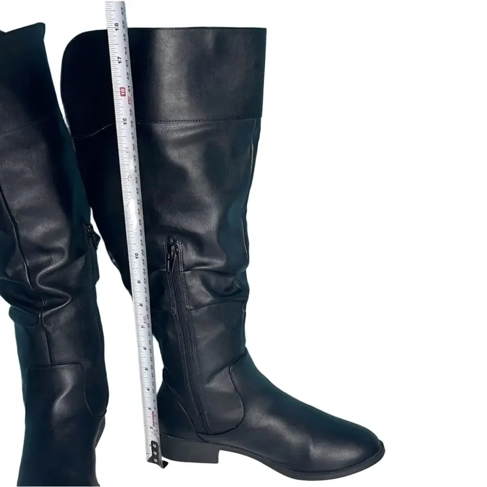 American Eagle Black Knee-High Riding Boots 8W Wide Zip Tall Low Heel Like New